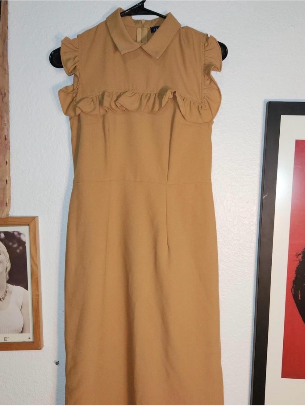 Sleeveless Ruffle-Collar Midi Dress in Camel